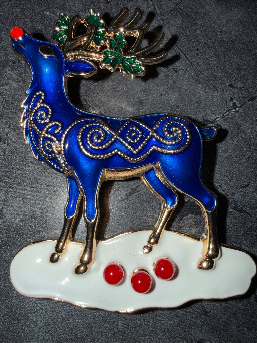 Holiday Blue Enamel Reindeer Pin with Red Accents